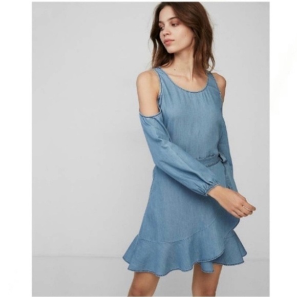 Express Cold Shoulder Cute Casual Denim Wrap Dress 💕 - Picture 2 of 9